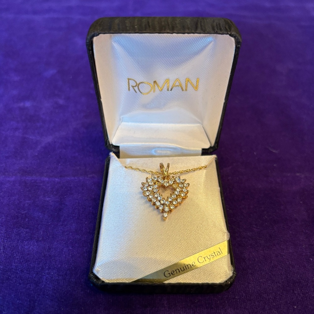 Roman Genuine Crystal Open Heart Pendant Gold Tone Necklace Vintage Jewelry NIB